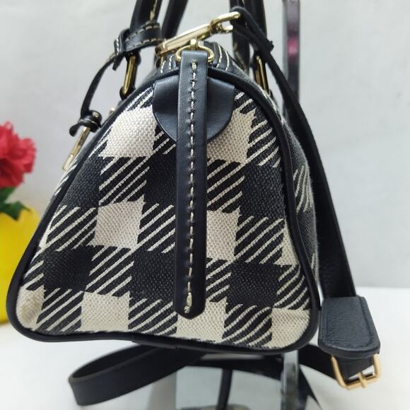 Dooney & Bourke Black White Checker Canvas Leather Trim Top Handle Satchel Bag - Picture 5 of 16